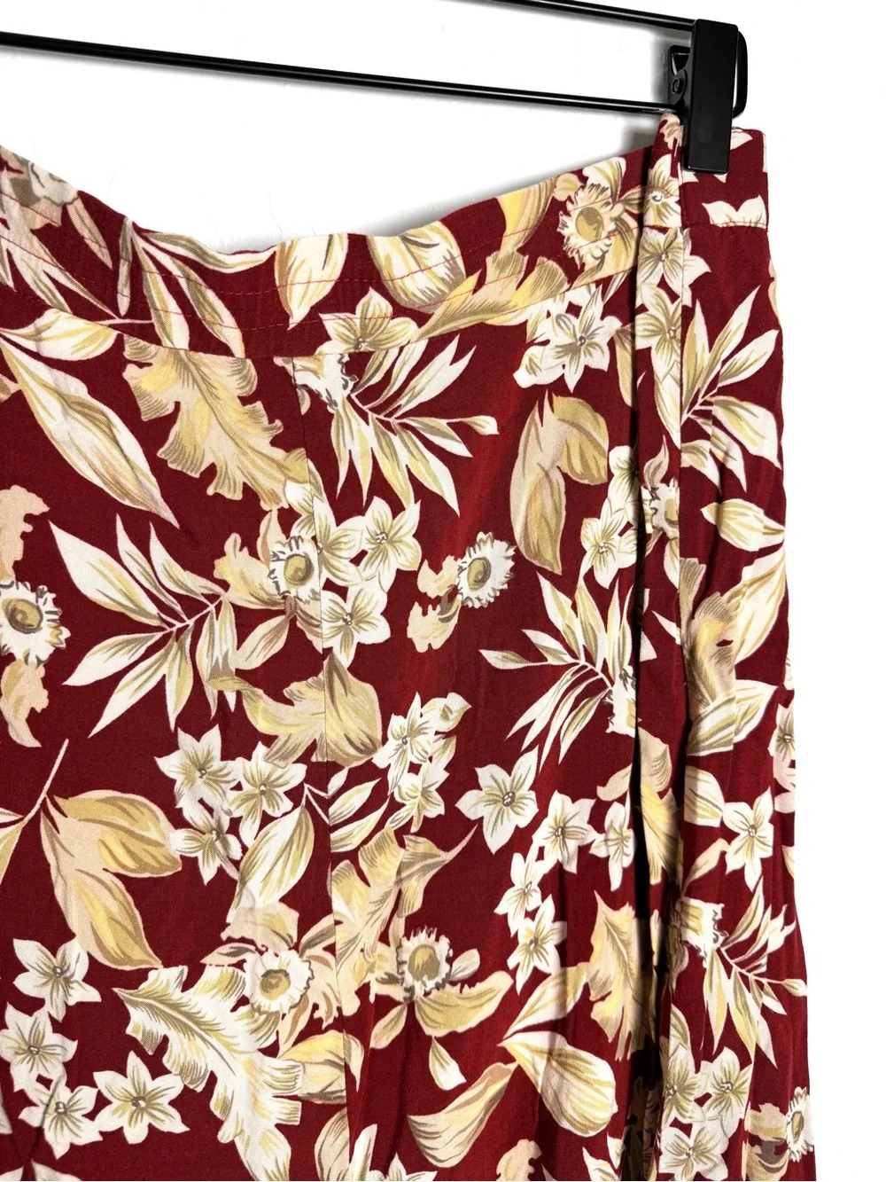 Sag Harbor Vintage Maroon Leaf Floral Button Front Midi Skirt